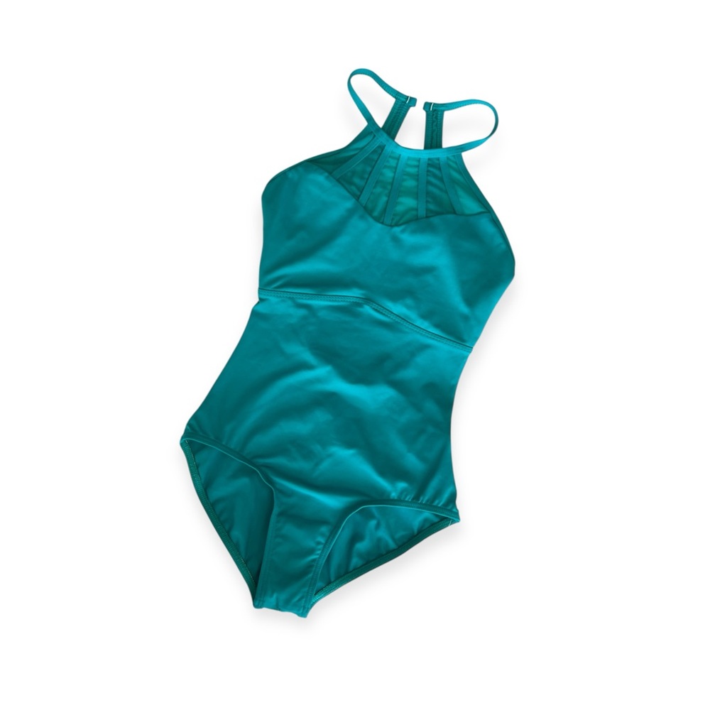 Natalie Couture • Adult Teal Halter Mesh Dance Leotard • Size S • NWT